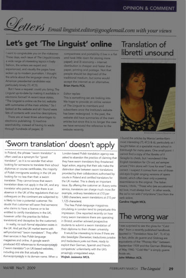 Article about Sworn Translation, published in The Linguist, by the Institute of Linguists